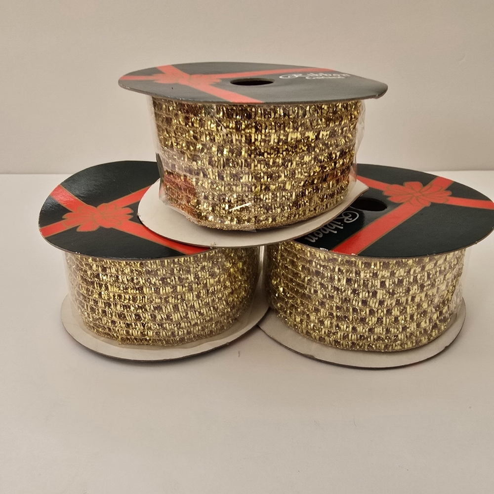 Vintage Gold Glitter Ribbon Spools Christmas Decor Set Of 3